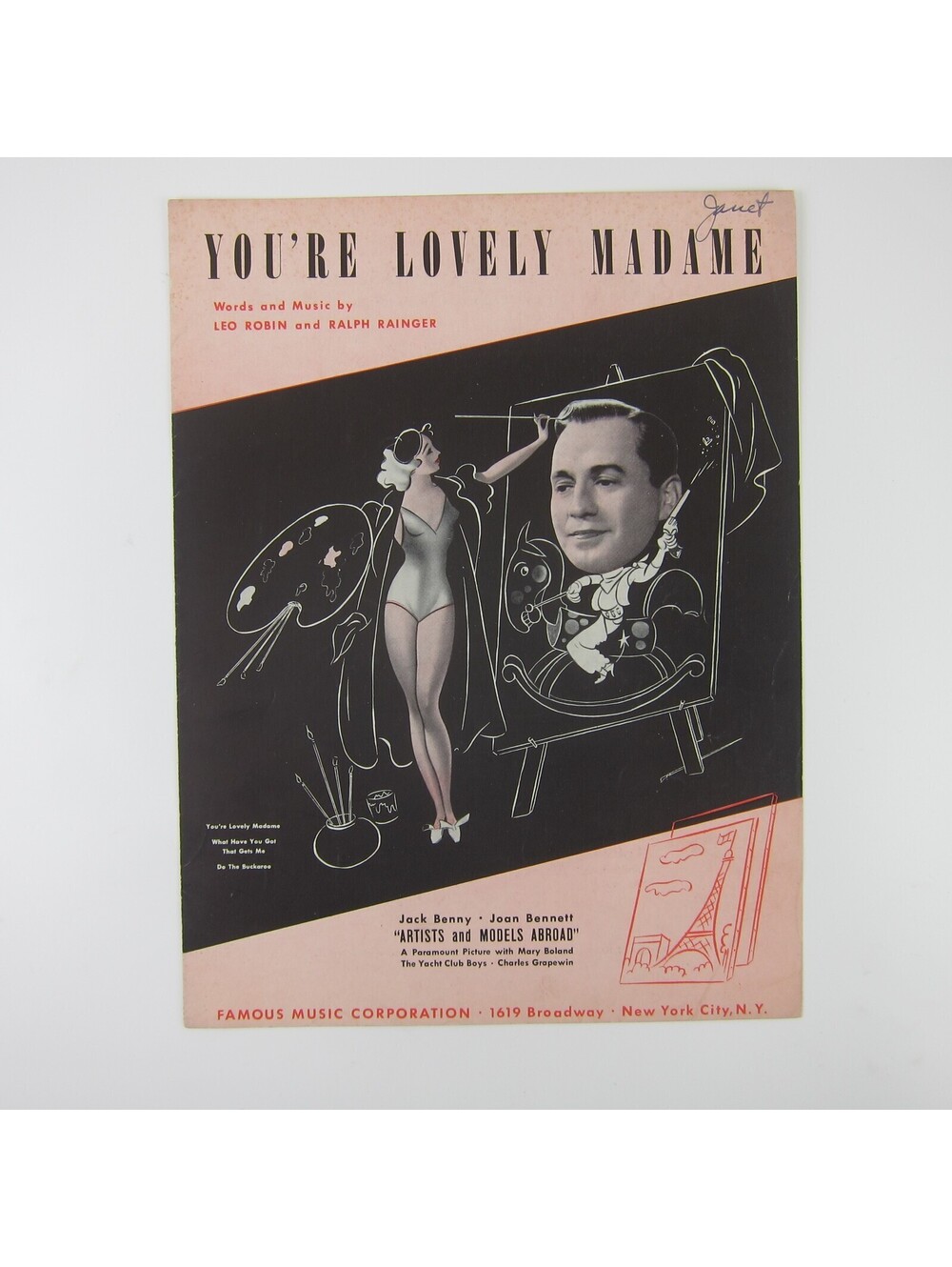 Sheet Music You're Lovely Madame Artists & Models Abroad Jack Benny Vintage 1938